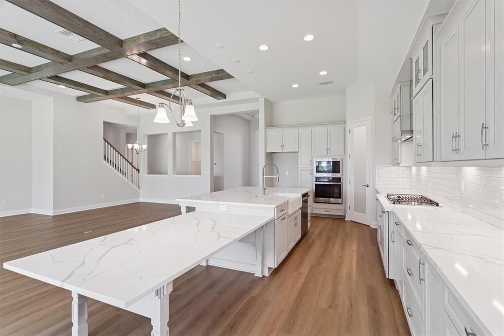 Interior, Kitchen, Pendant Lights, Recessed Lighting, Stainless Steel Appliances, Wooden Beams, Wood Texture Flooring