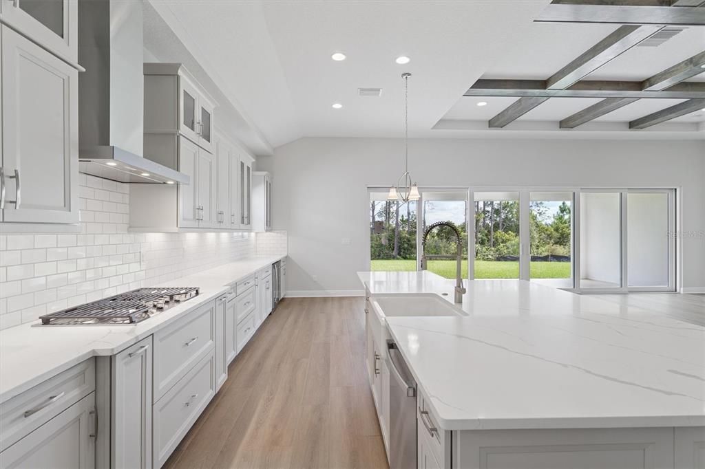 Interior, Kitchen, Pendant Lights, Recessed Lighting, Wooden Beams, Wood Texture Flooring