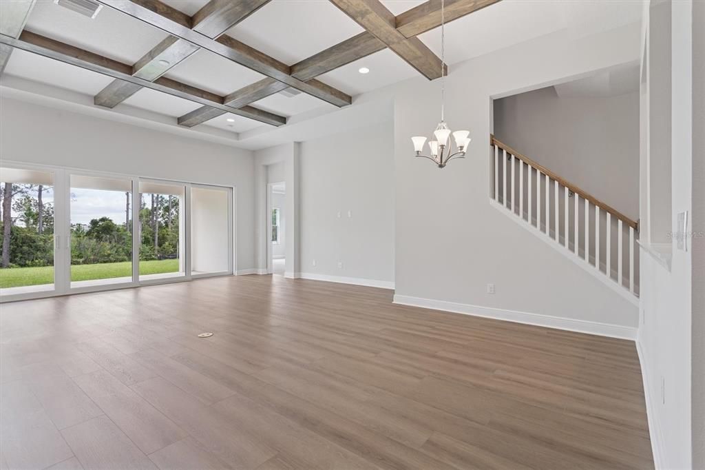 Chandelier, Empty room, Interior, Pendant Lights, Recessed Lighting, Wooden Beams, Wood Texture Flooring