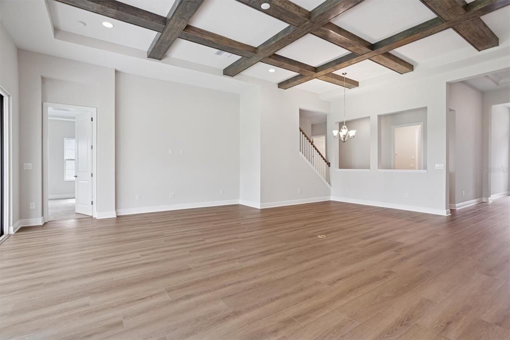 Empty room, Interior, Pendant Lights, Recessed Lighting, Wooden Beams, Wood Texture Flooring