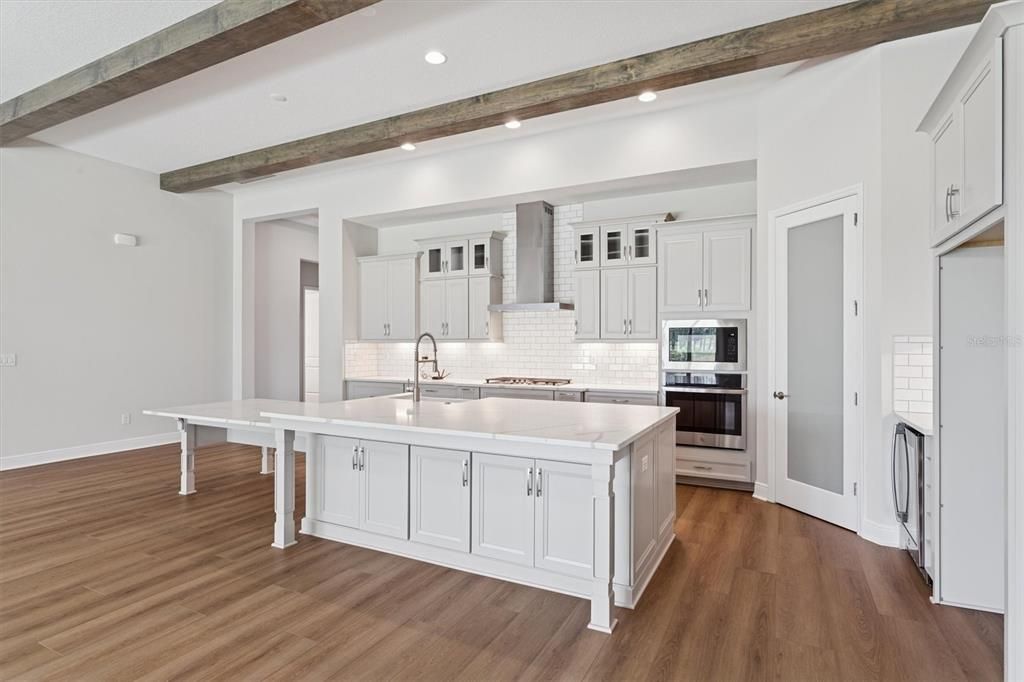 Interior, Kitchen, Recessed Lighting, Stainless Steel Appliances, Wooden Beams, Wood Texture Flooring