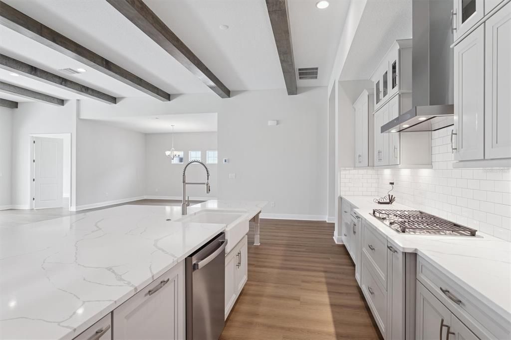 Interior, Kitchen, Pendant Lights, Recessed Lighting, Stainless Steel Appliances, Wooden Beams, Wood Texture Flooring