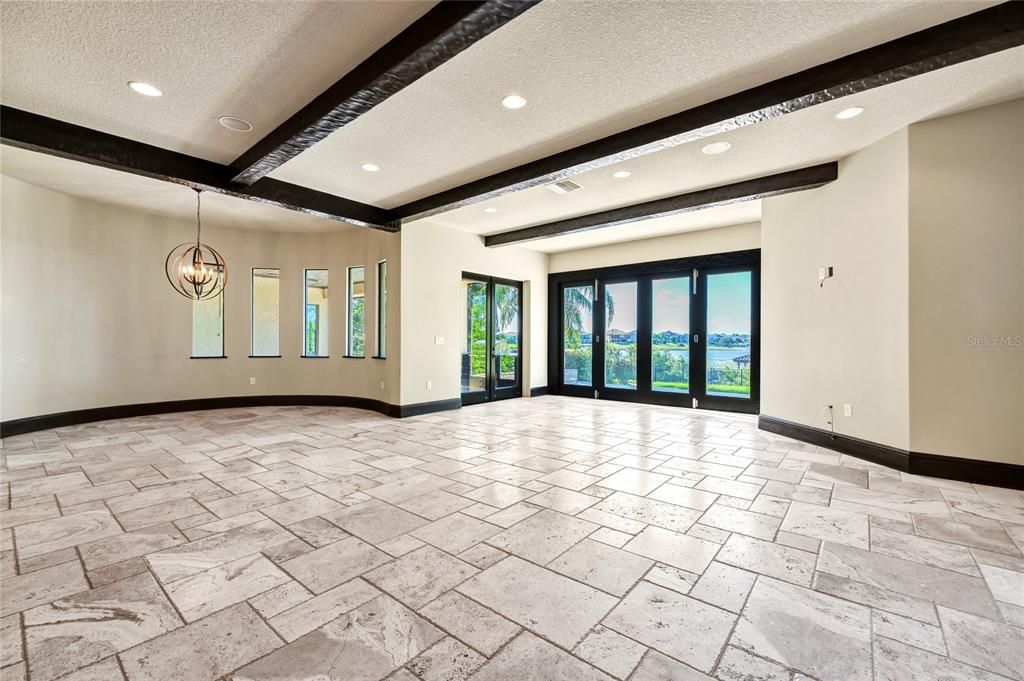 Empty room, Interior, Pendant Lights, Recessed Lighting, Wooden Beams