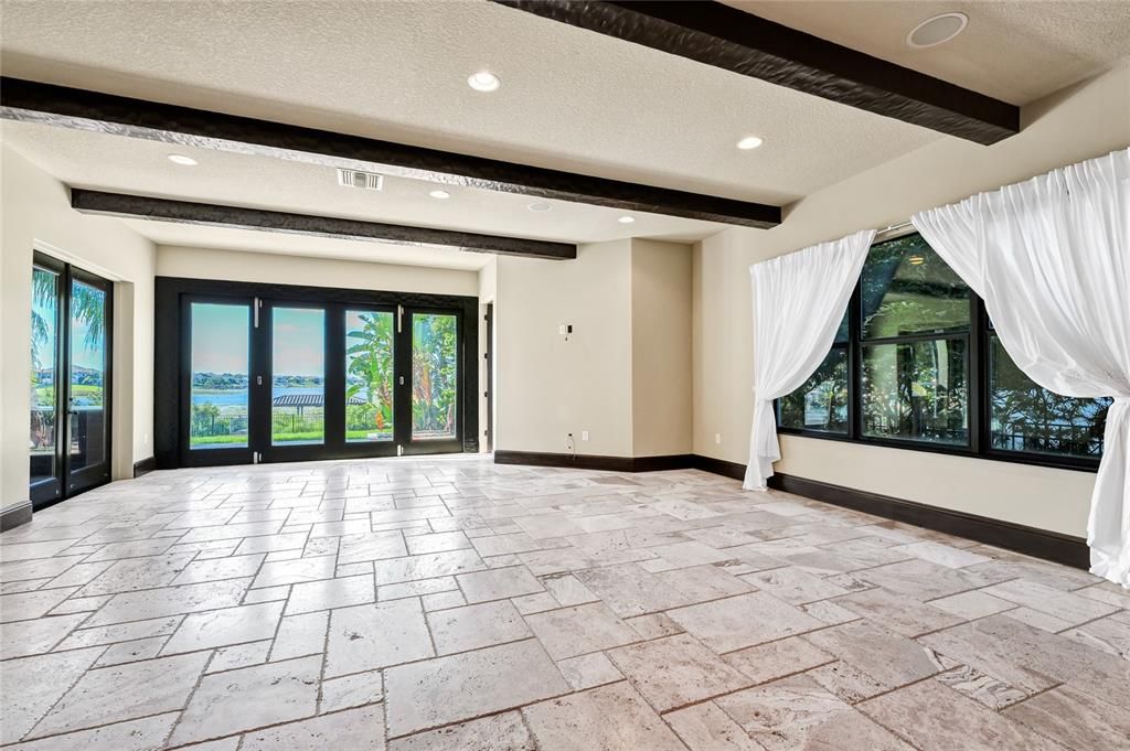 Empty room, Interior, Recessed Lighting, Wooden Beams