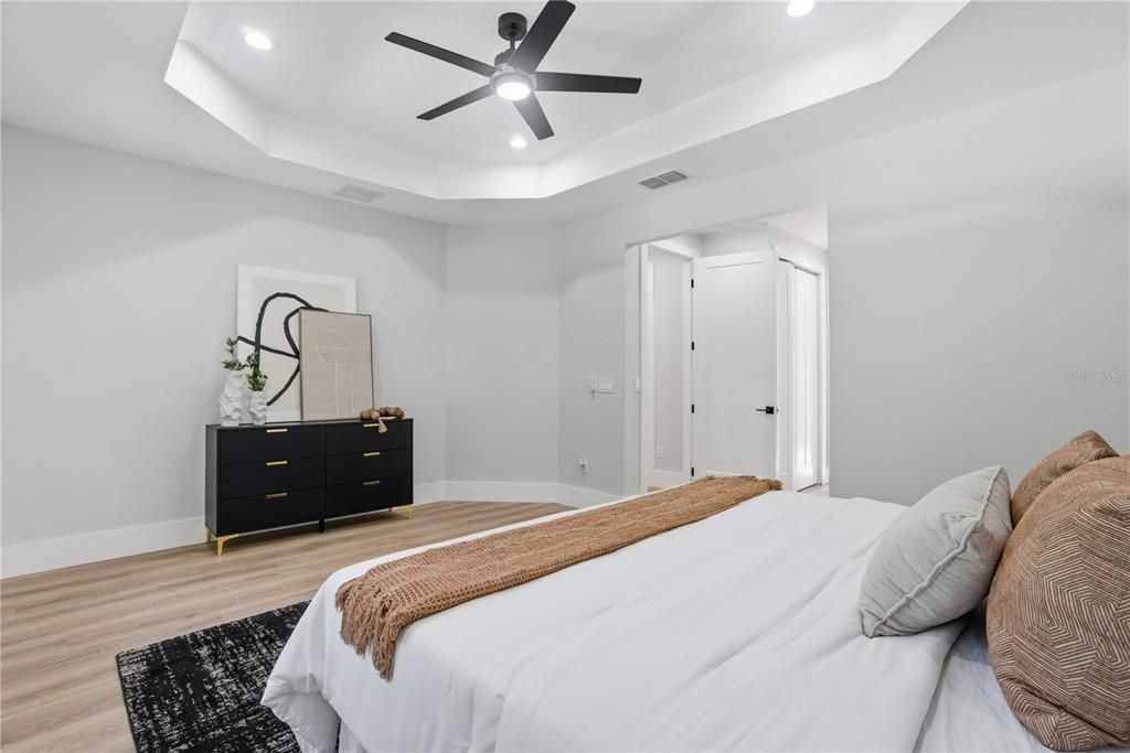Bedroom, Interior, Recessed Lighting, Wood Texture Flooring