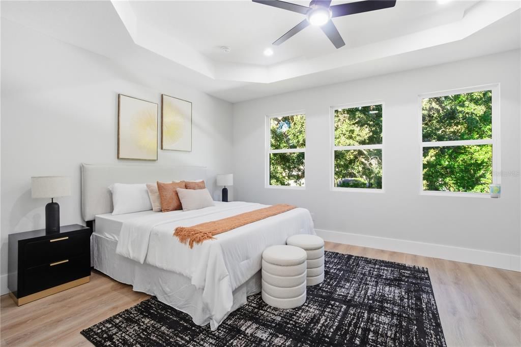Bedroom, Interior, Recessed Lighting, Wood Texture Flooring
