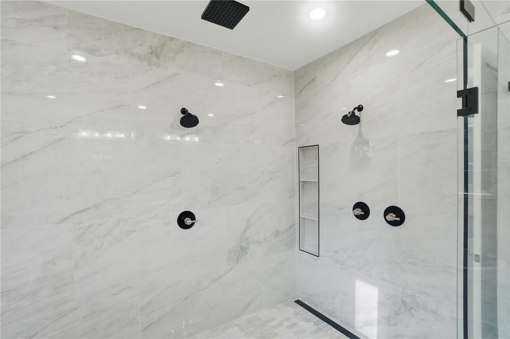 Bathroom, Glass Shower, Interior, Marble Walls, Recessed Lighting