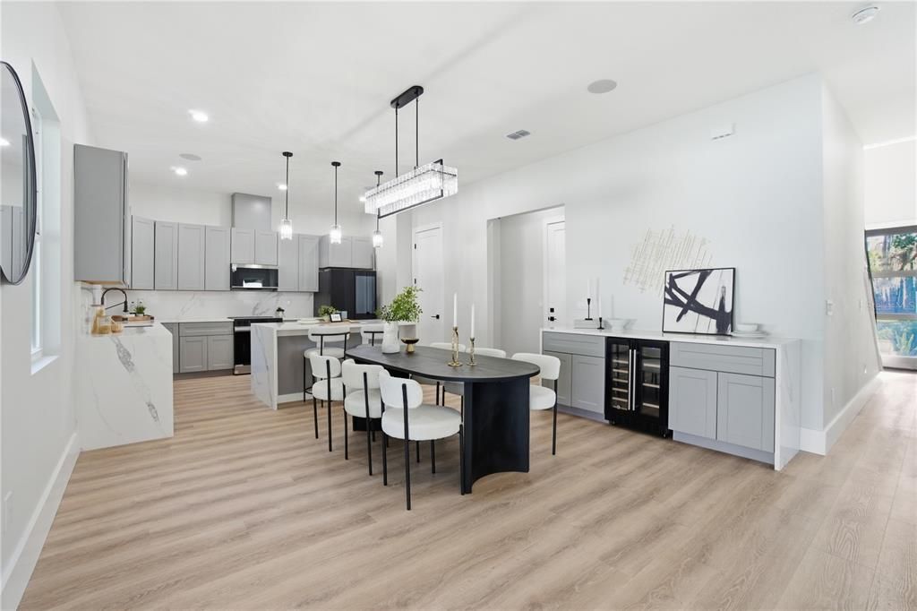Dining room, Interior, Kitchen, Pendant Lights, Recessed Lighting, Wood Texture Flooring