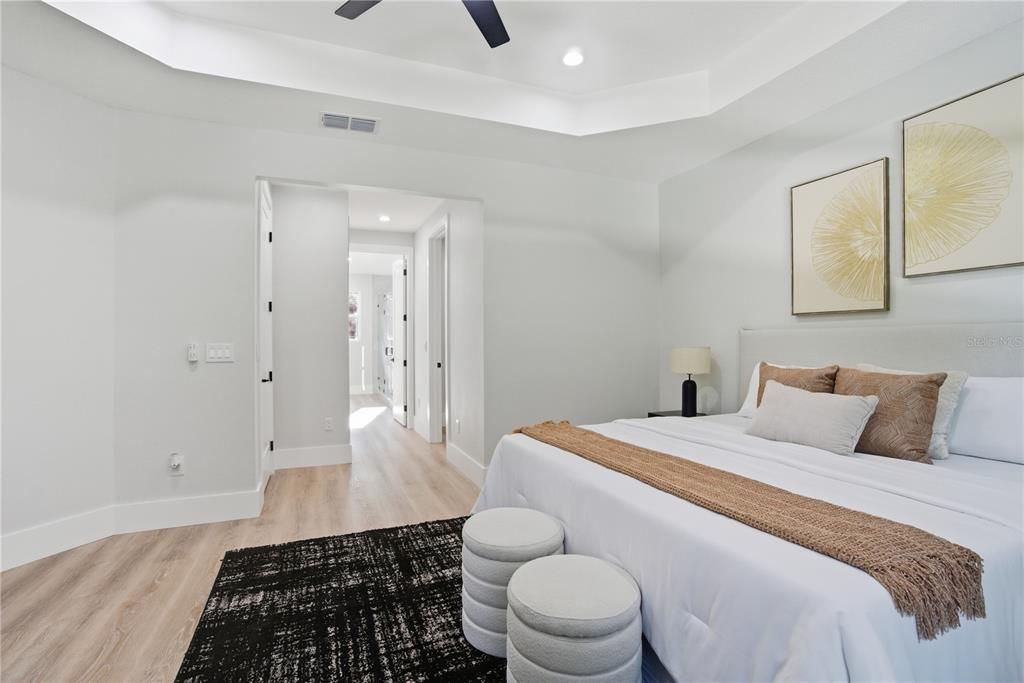 Bedroom, Interior, Recessed Lighting, Wood Texture Flooring