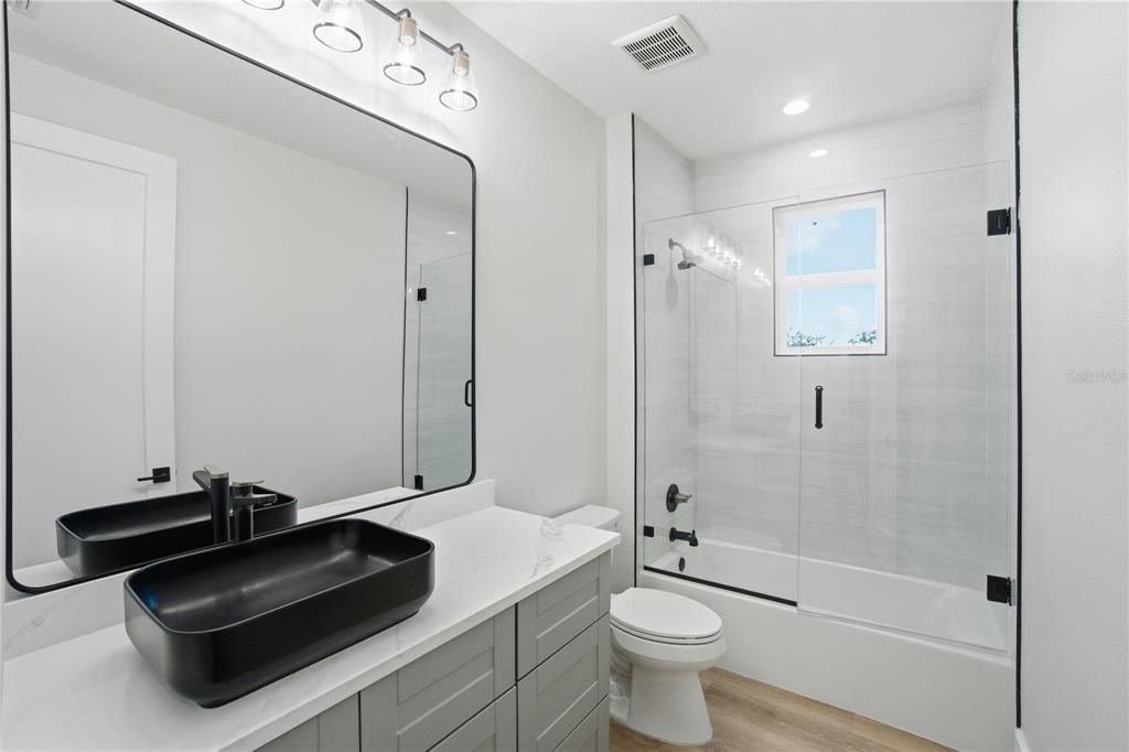 Bathroom, Glass Shower, Interior, Recessed Lighting, Wood Texture Flooring