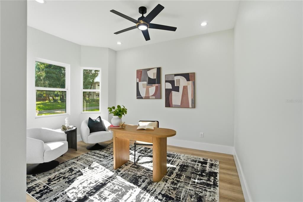Home Office, Interior, Recessed Lighting, Wood Texture Flooring