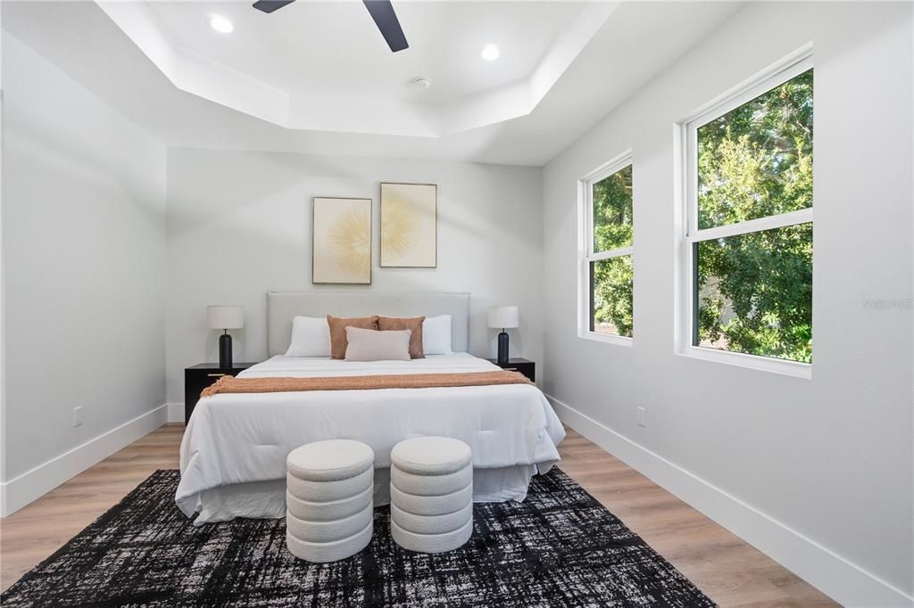 Bedroom, Interior, Recessed Lighting, Wood Texture Flooring