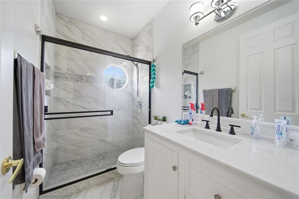 Bathroom, Glass Shower, Interior, Marble, Marble Walls, Recessed Lighting