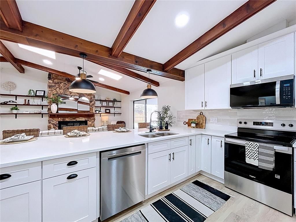 Interior, Kitchen, Pendant Lights, Recessed Lighting, Stainless Steel Appliances, Wooden Beams, Wood Texture Flooring