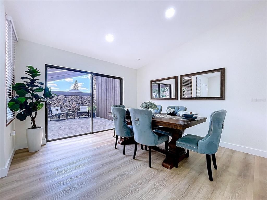 Dining room, Interior, Recessed Lighting, Wood Texture Flooring