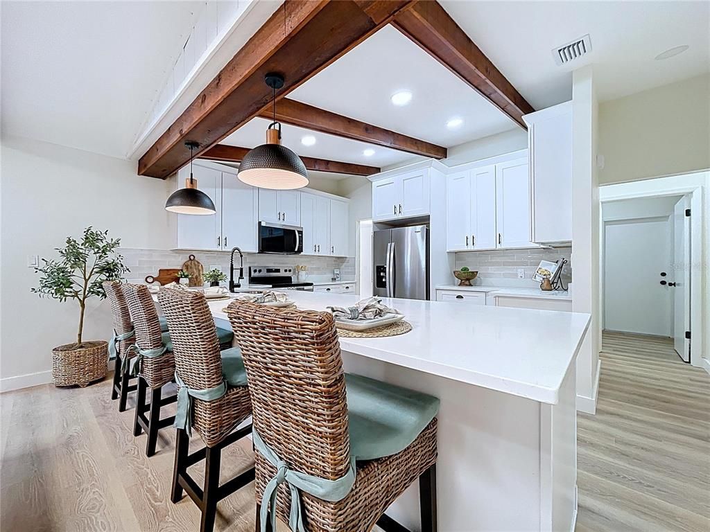 Interior, Kitchen, Pendant Lights, Recessed Lighting, Stainless Steel Appliances, Wooden Beams, Wood Texture Flooring