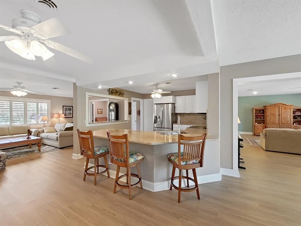 Interior, Kitchen, Living room, Recessed Lighting, Stainless Steel Appliances, Wood Texture Flooring