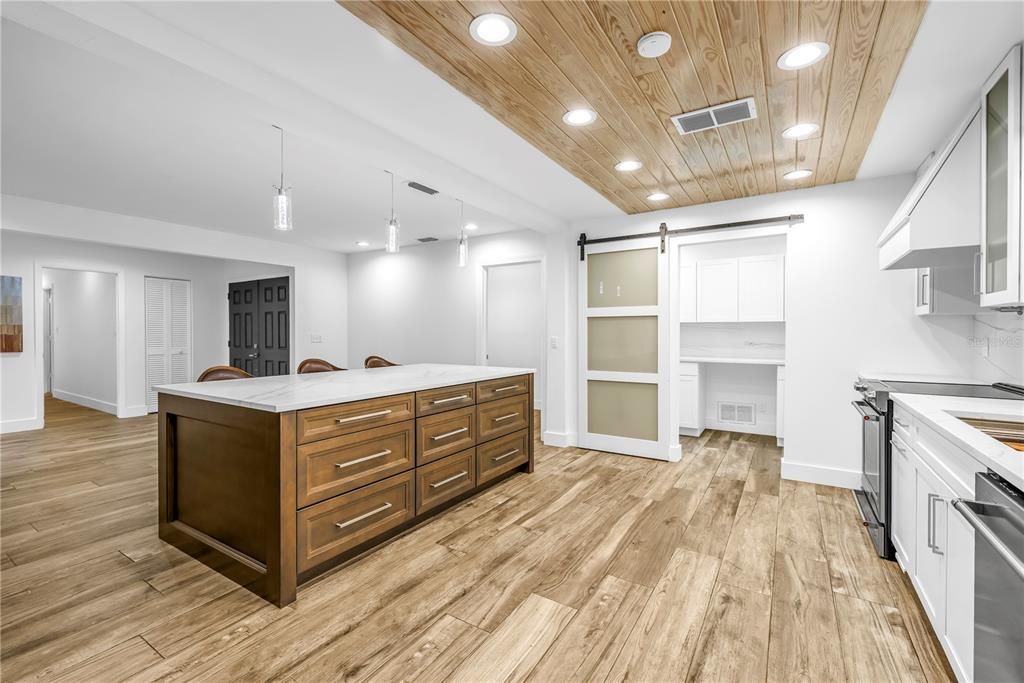 Interior, Kitchen, Pendant Lights, Recessed Lighting, Wooden Ceilings, Wood Texture Flooring