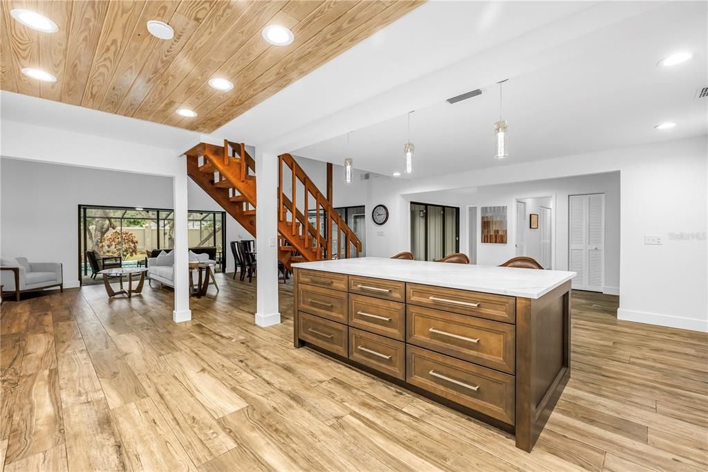 Dining room, Interior, Pendant Lights, Recessed Lighting, Wooden Ceilings, Wood Texture Flooring