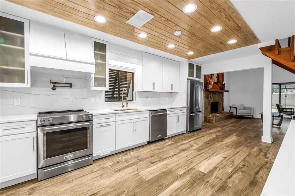 Interior, Kitchen, Recessed Lighting, Stainless Steel Appliances, Wooden Ceilings, Wood Texture Flooring