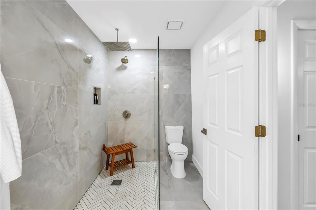 Bathroom, Glass Shower, Interior, Marble Walls, Recessed Lighting