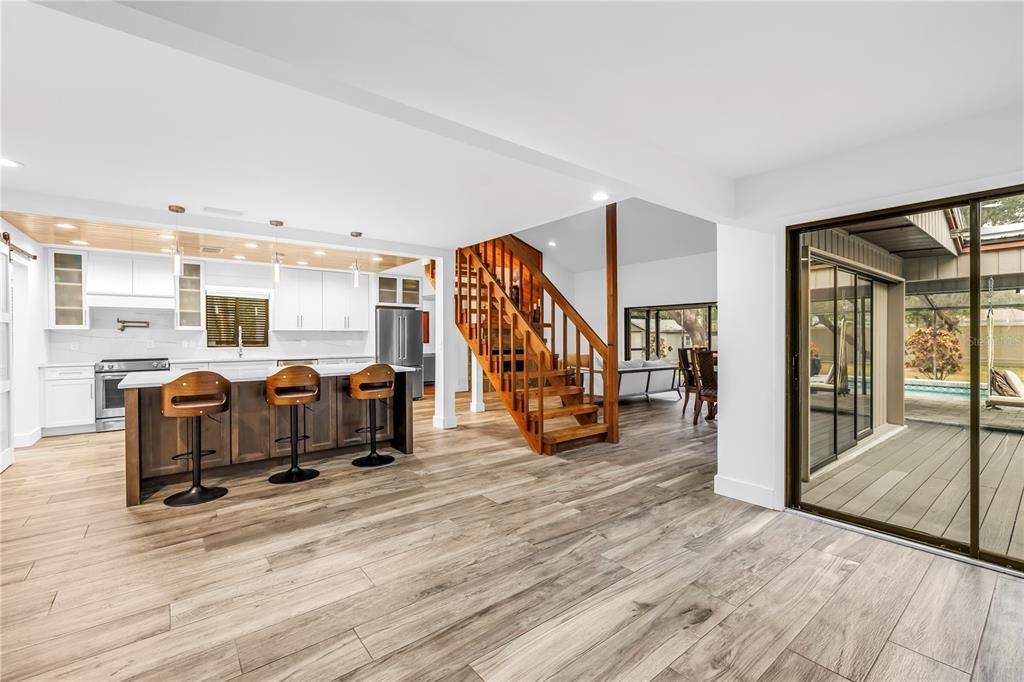 Interior, Kitchen, Pendant Lights, Recessed Lighting, Wood Texture Flooring