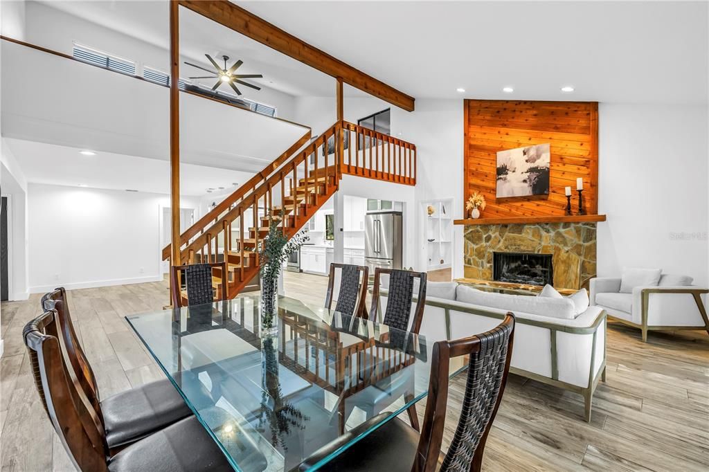 Dining room, Fireplace, Interior, Living room, Recessed Lighting, Wooden Beams, Wood Texture Flooring, Wooden Walls