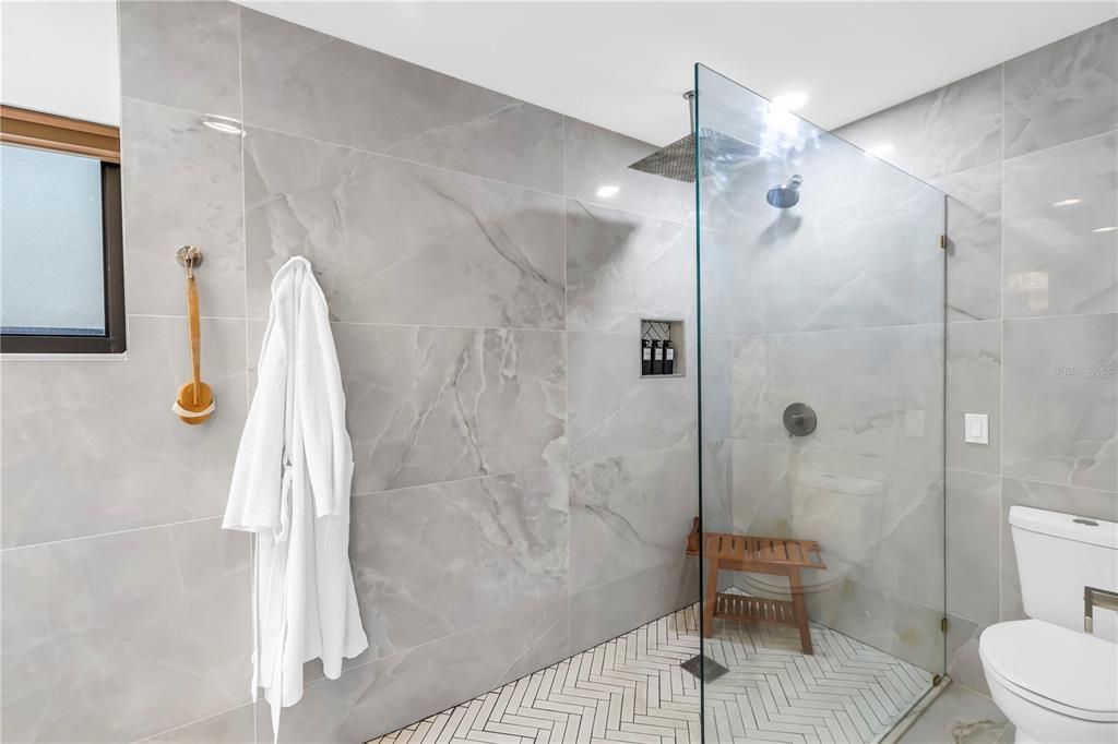 Bathroom, Glass Shower, Interior, Marble Walls, Recessed Lighting