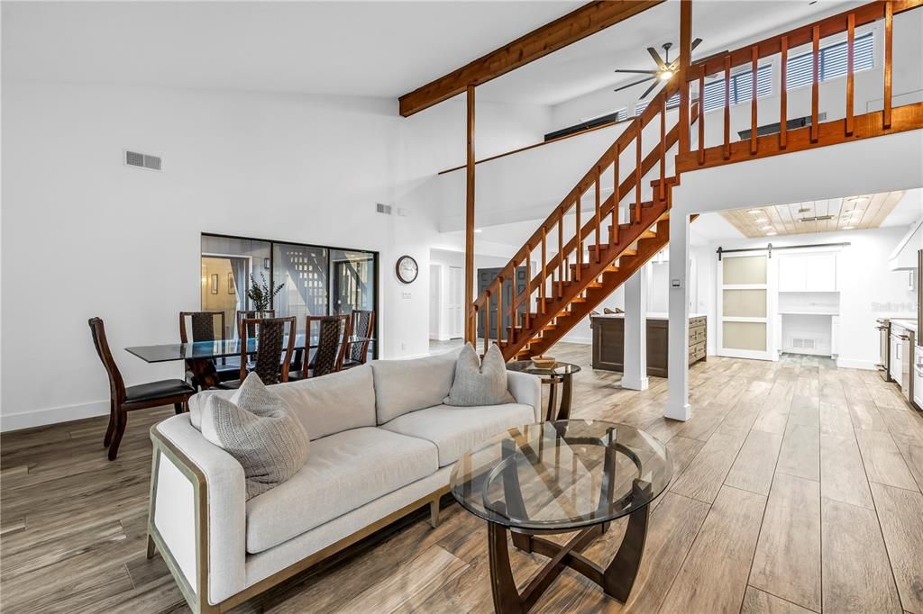 Dining room, Interior, Kitchen, Living room, Pendant Lights, Wooden Beams, Wood Texture Flooring