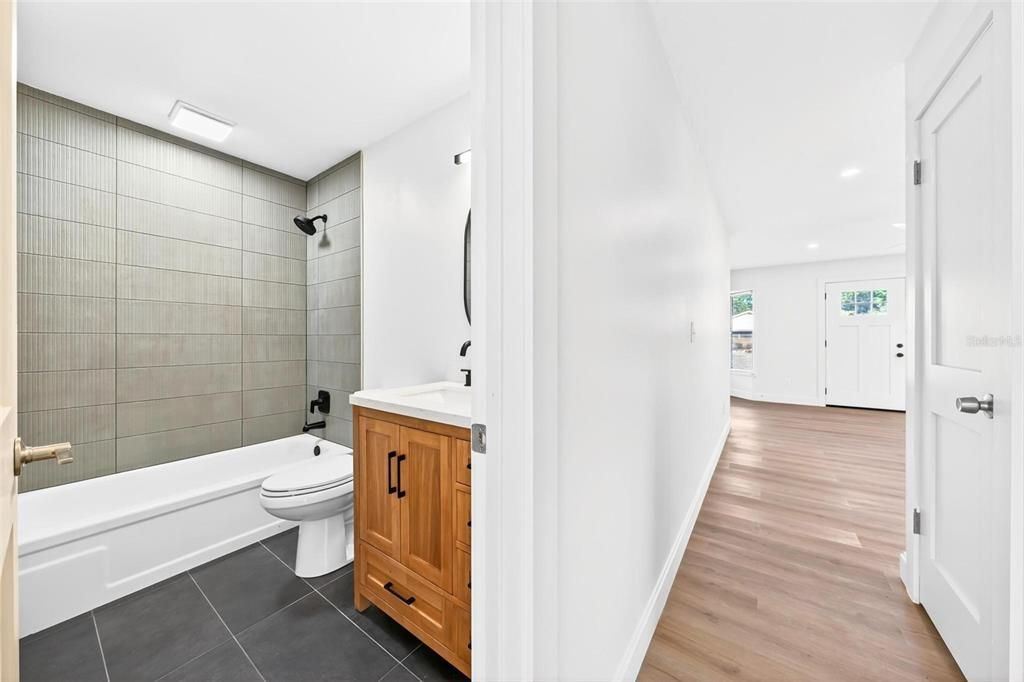 Bathroom, Interior, Recessed Lighting, Wood Texture Flooring