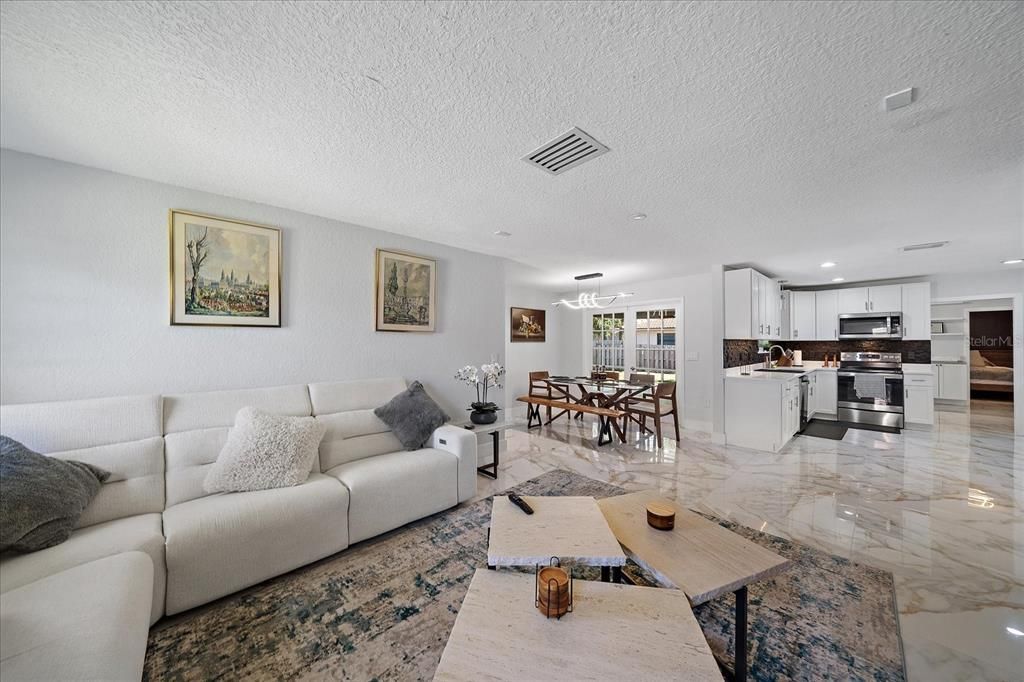 Dining room, Interior, Kitchen, Living room, Marble, Pendant Lights, Recessed Lighting, Stainless Steel Appliances