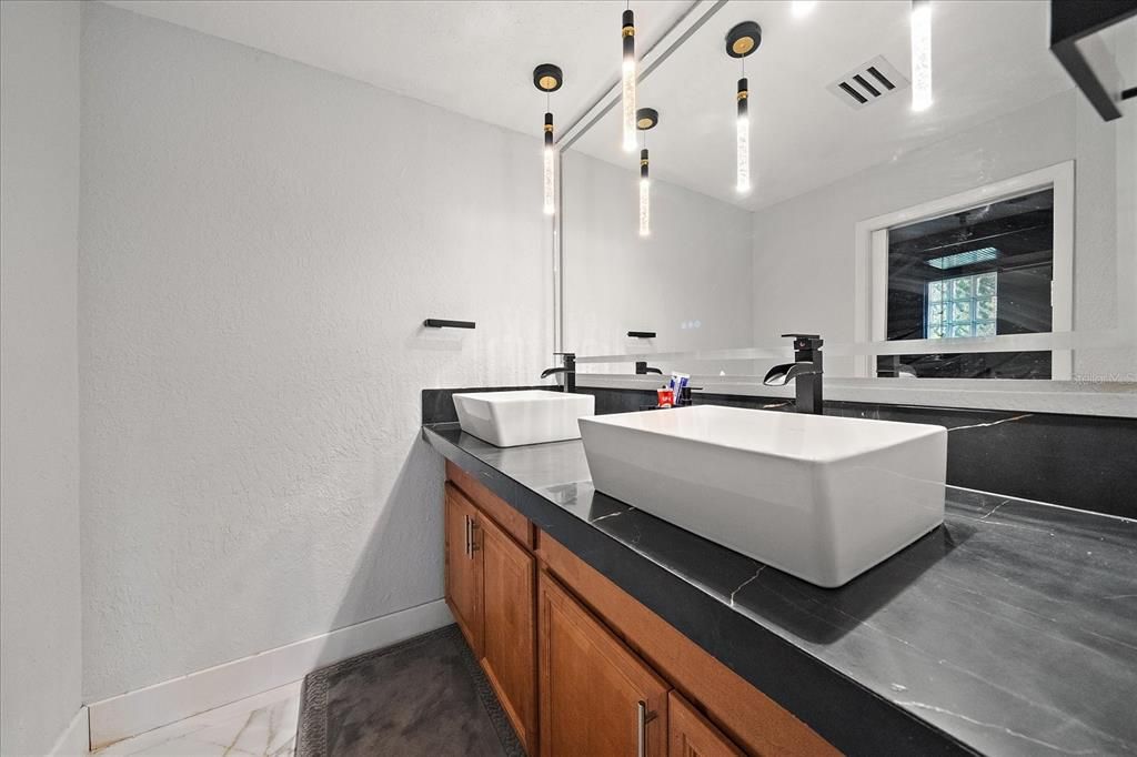 Bathroom, Dual Sink Vanities, Interior, Marble, Pendant Lights