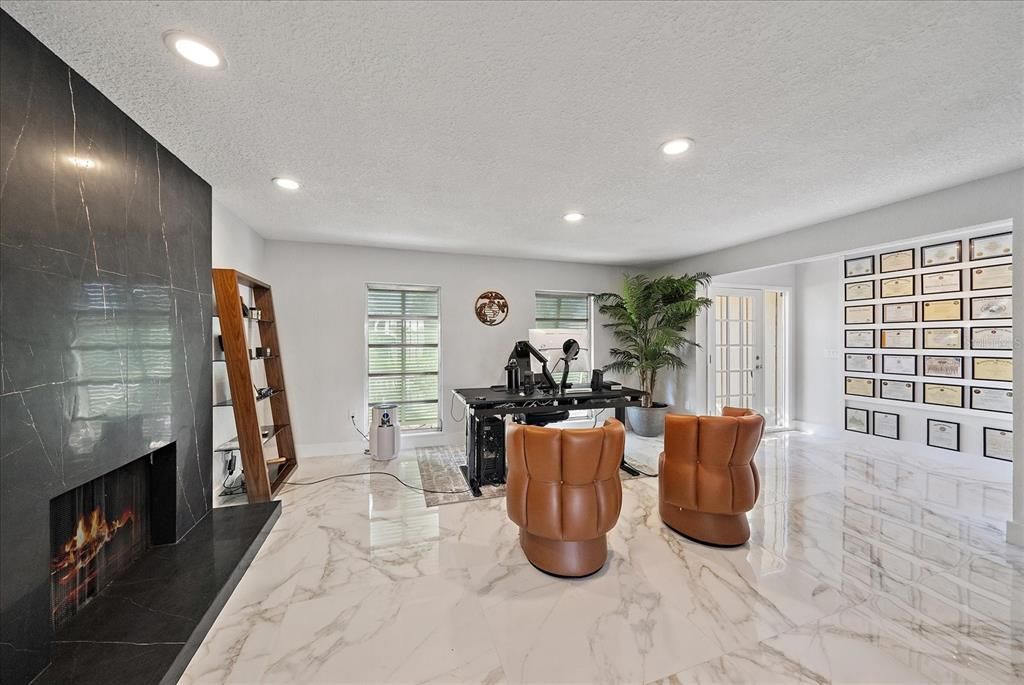Fireplace, Interior, Marble, Recessed Lighting