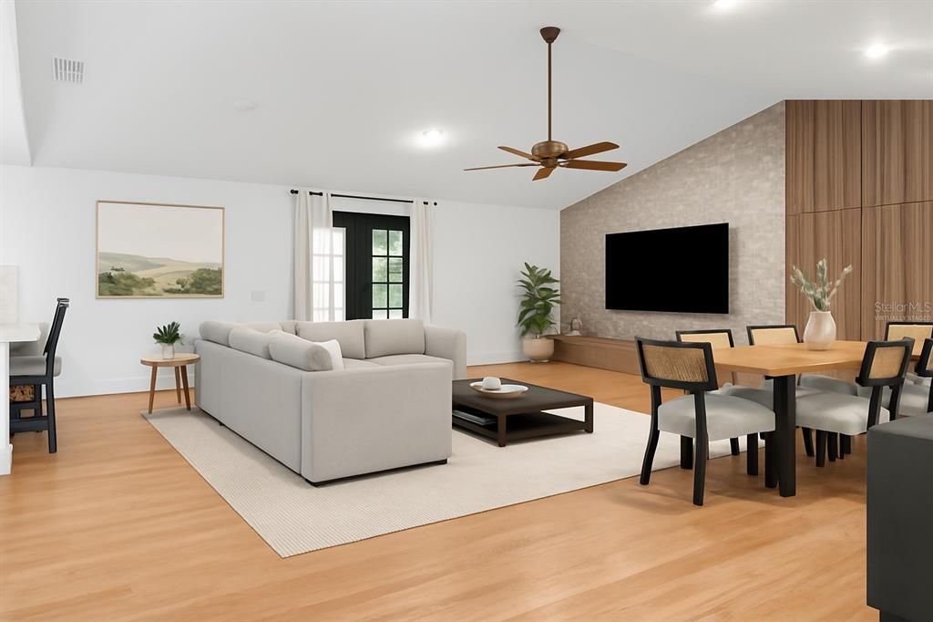 Dining room, Interior, Living room, Recessed Lighting, Wood Texture Flooring