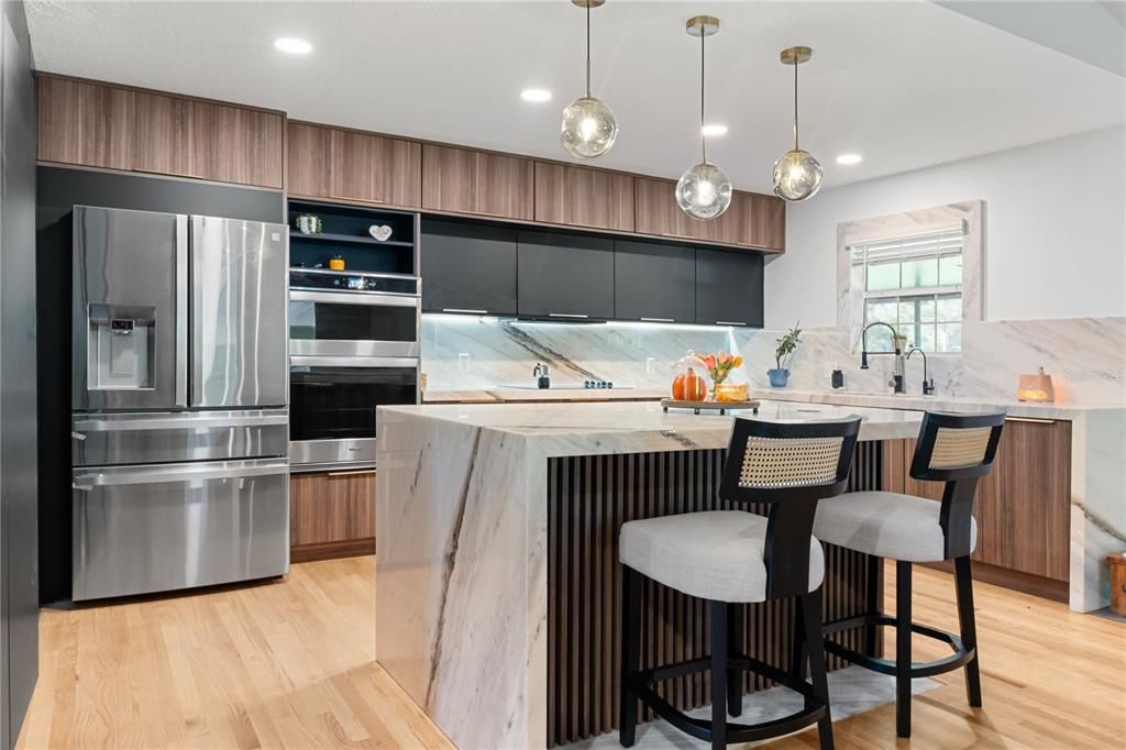 Interior, Kitchen, Pendant Lights, Recessed Lighting, Stainless Steel Appliances, Wood Texture Flooring