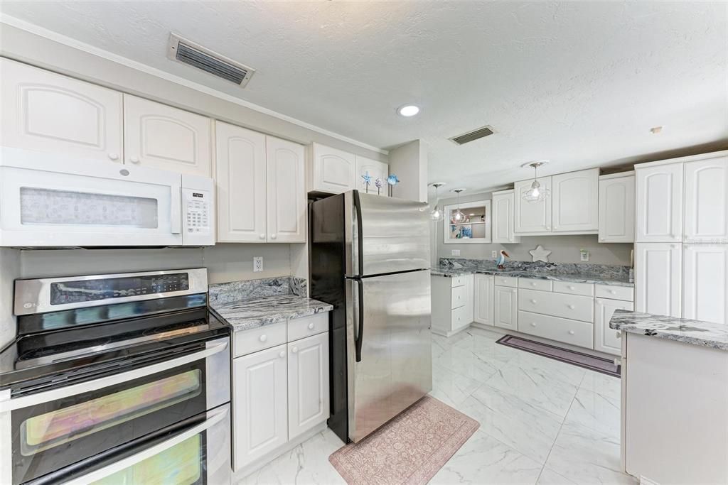 Interior, Kitchen, Marble, Pendant Lights, Recessed Lighting, Stainless Steel Appliances