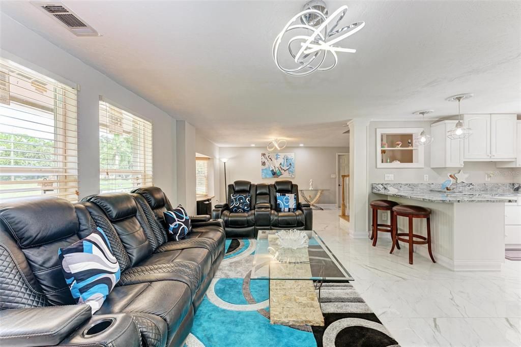 Interior, Kitchen, Living room, Marble, Pendant Lights, Recessed Lighting