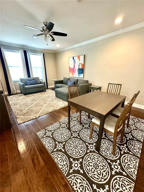 Dining room, Interior, Living room, Recessed Lighting, Wood Texture Flooring