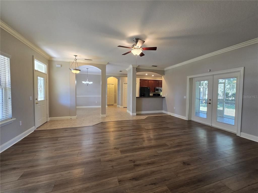 Empty room, Interior, Kitchen, Pendant Lights, Wood Texture Flooring