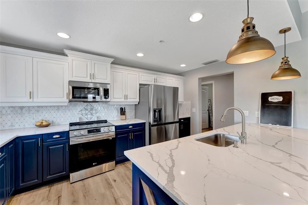 Interior, Kitchen, Pendant Lights, Recessed Lighting, Stainless Steel Appliances, Wood Texture Flooring