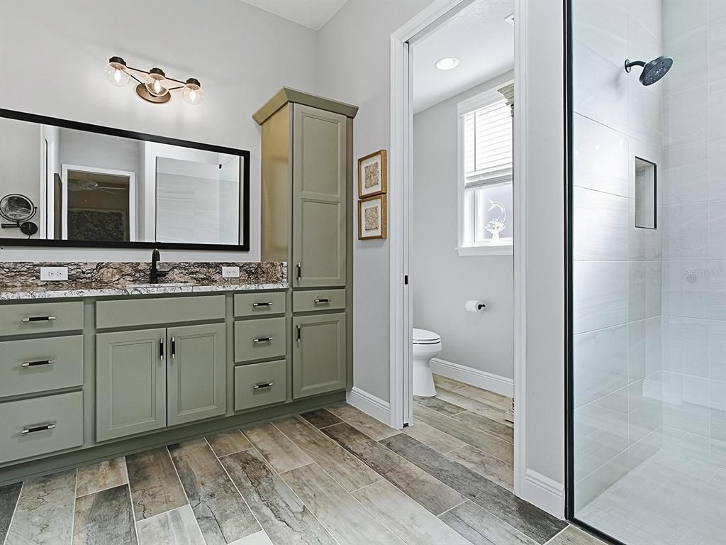 Bathroom, Glass Shower, Interior, Recessed Lighting, Wood Texture Flooring