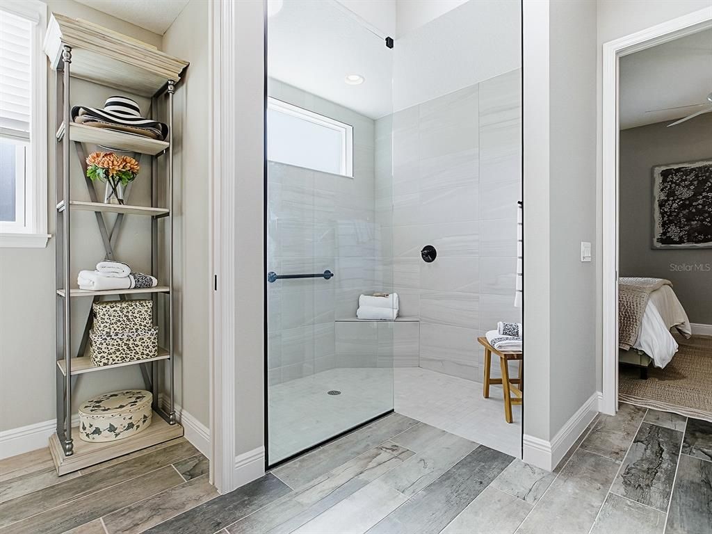 Bathroom, Glass Shower, Interior, Recessed Lighting, Wood Texture Flooring