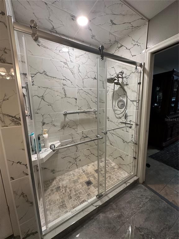 Bathroom, Glass Shower, Interior, Marble Walls, Recessed Lighting