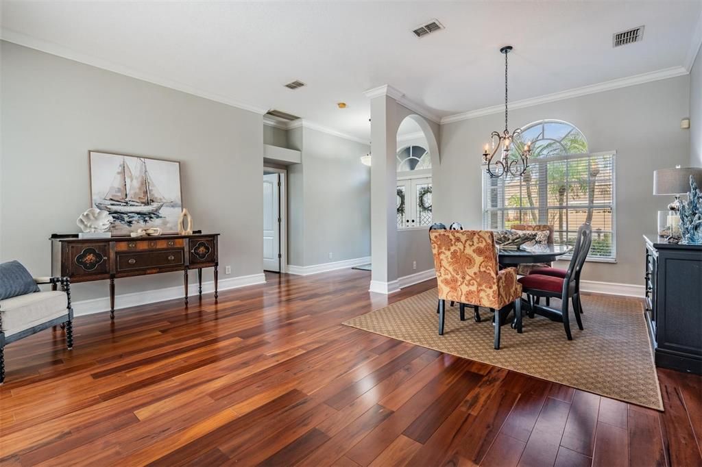 Chandelier, Dining room, Interior, Wood Texture Flooring