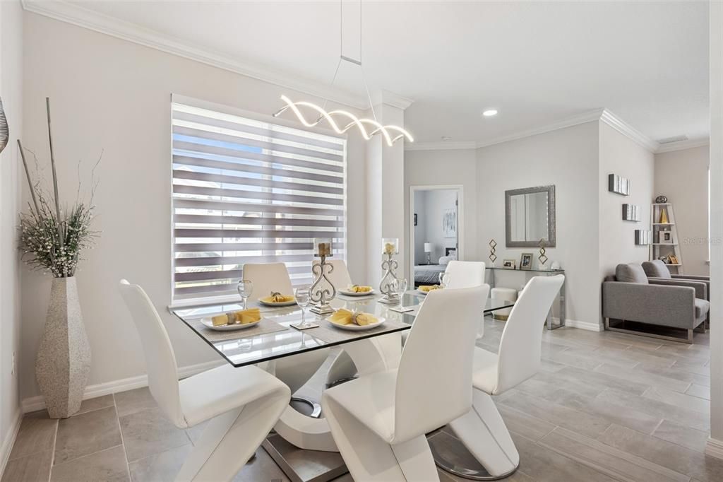 Dining room, Interior, Pendant Lights, Recessed Lighting, Wood Texture Flooring