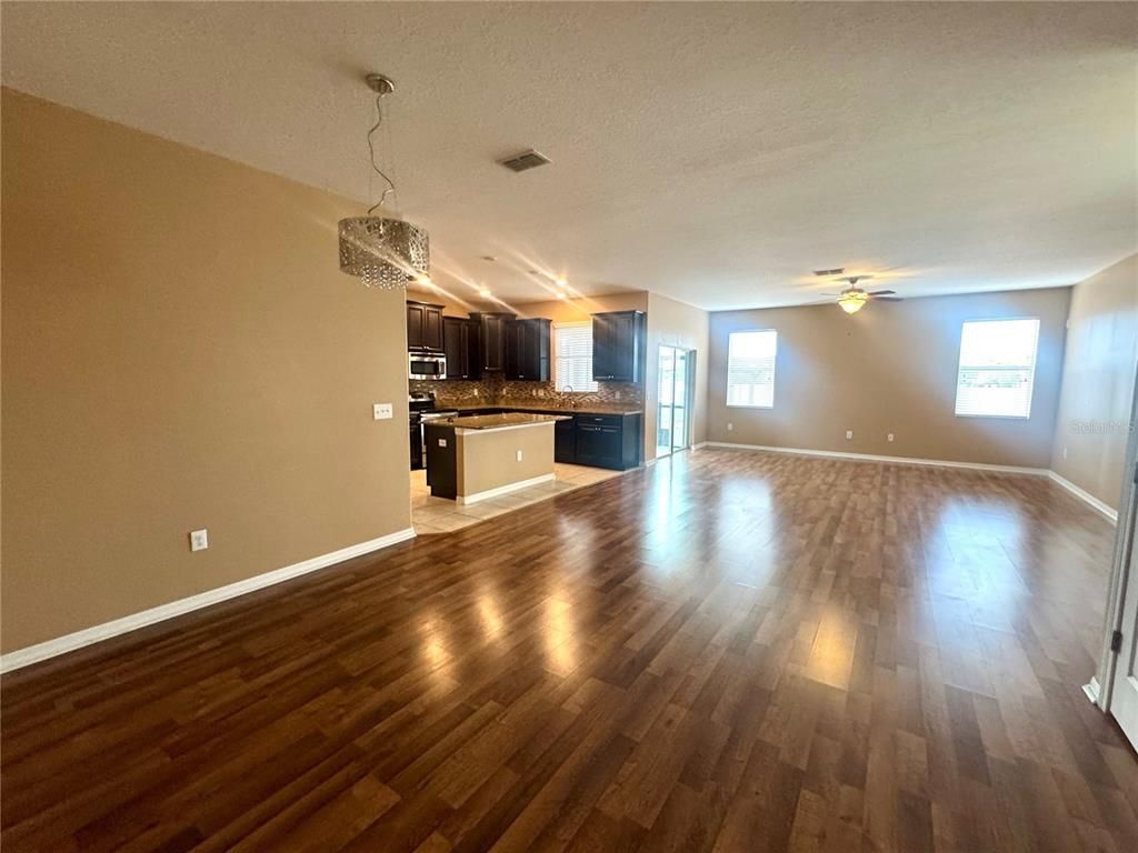Chandelier, Empty room, Interior, Kitchen, Pendant Lights, Wood Texture Flooring