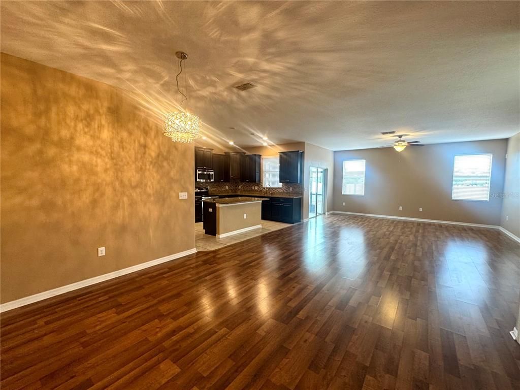 Chandelier, Empty room, Interior, Kitchen, Wood Texture Flooring