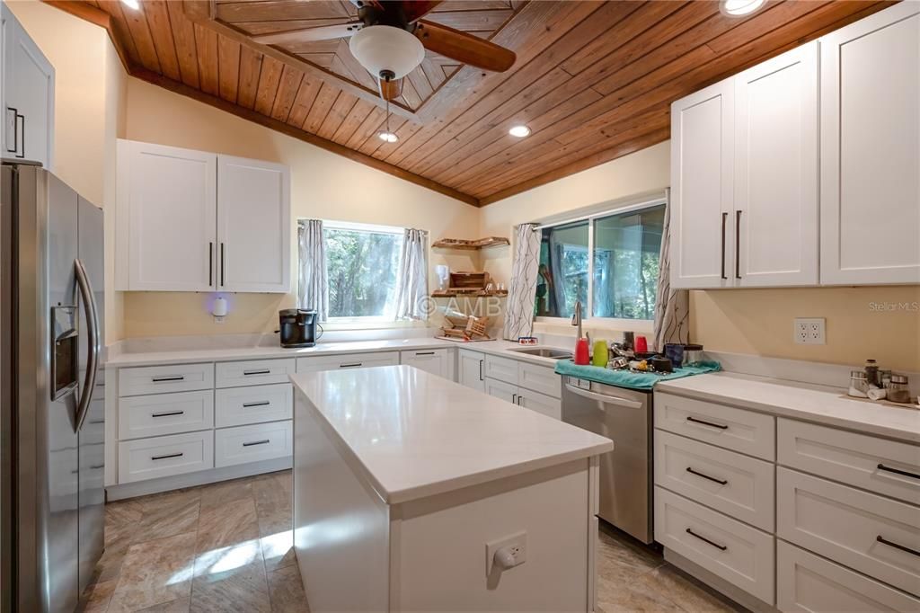 Interior, Kitchen, Marble, Recessed Lighting, Stainless Steel Appliances, Wooden Ceilings