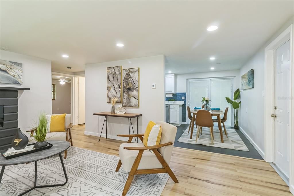 Dining room, Fireplace, Interior, Recessed Lighting, Wood Texture Flooring