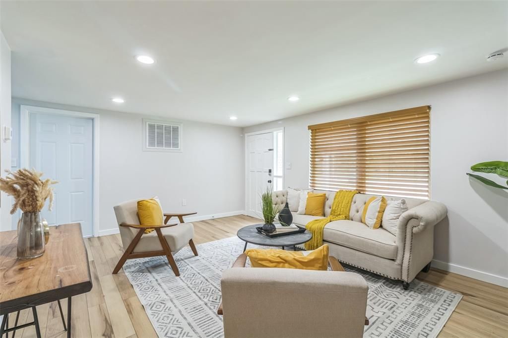 Interior, Living room, Recessed Lighting, Wood Texture Flooring